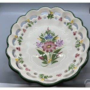 Portugal Ceramic Bowl Handpainted Scalloped Lattice Oval Floral RCCL Reticulated